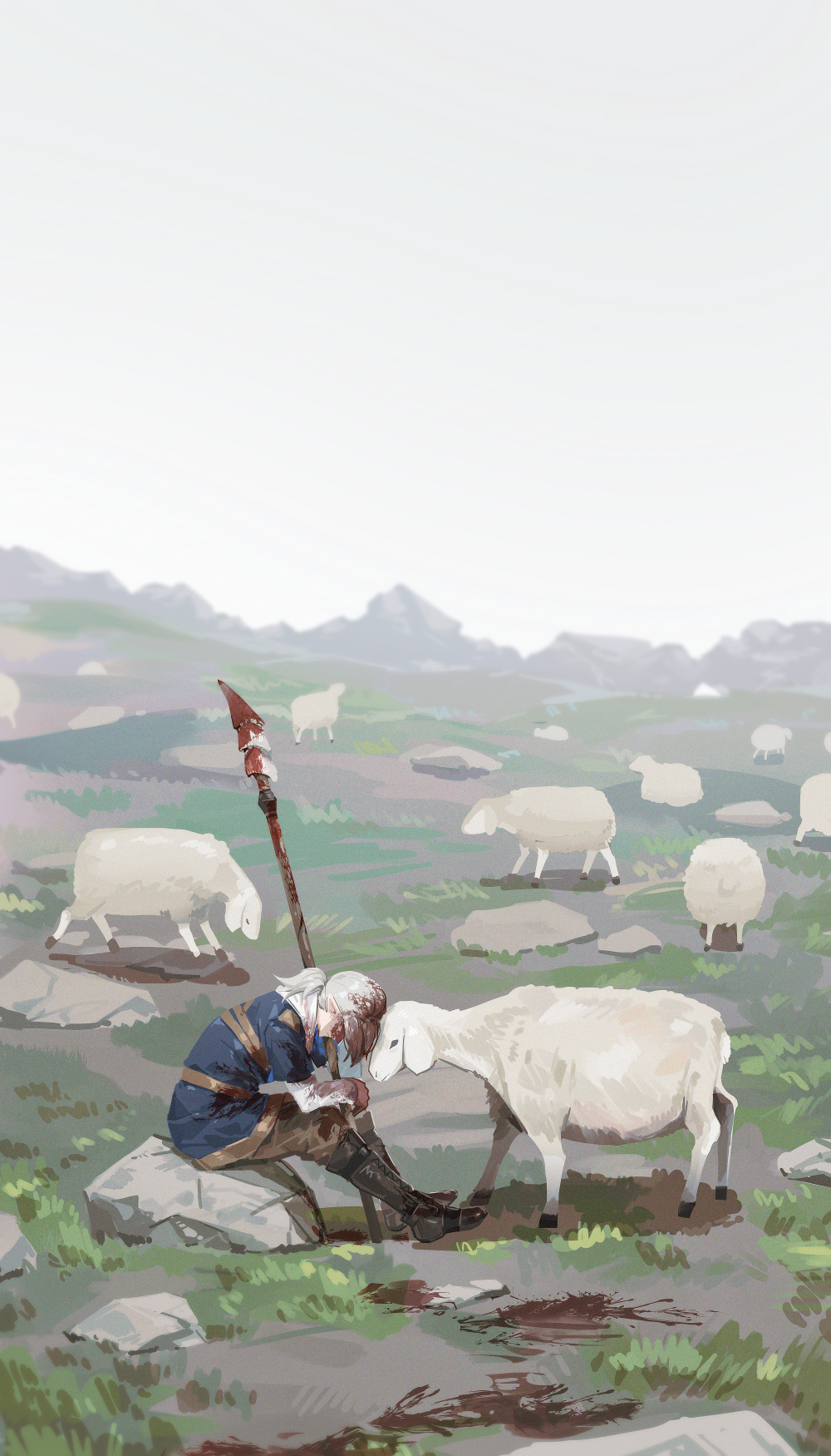 1boy animal bleeding blood blood_in_hair blood_on_arm blood_on_clothes blood_on_face blood_on_ground blood_on_hands blood_splatter bloody_weapon blue_tube_top boots boulder brown_boots brown_pants estinien_varlineau final_fantasy final_fantasy_xiv grass highres holding holding_polearm holding_weapon injury mountain mountainous_horizon outdoors pants polearm ponytail scenery sheep shepherd sitting spear strapless tube_top weapon white_hair zmeoow