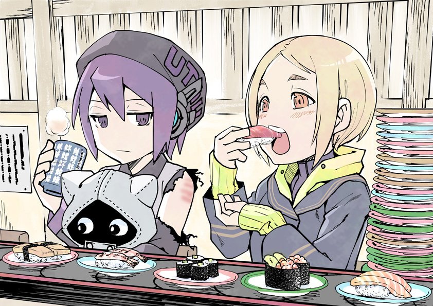 1boy 2girls animal_ear_hood beret black_coat black_sailor_collar blonde_hair blush bruise cat_boy closed_mouth coat collared_shirt commentary_request conveyor_belt_sushi copyright_name cup eating expressionless eyes_in_shadow fake_animal_ears food green_hoodie grey_hoodie grey_shirt hands_up hat holding holding_cup hood hood_down hoodie imminent_bite indoors injury layered_clothes looking_at_another looking_at_food maki_(nasulily) makizushi mujika_(utau) multiple_girls neumafu open_mouth orange_eyes plate plate_stack purple_eyes restaurant ribbed_sleeves robot_ears sailor_collar shirt single_bare_shoulder sushi thick_eyebrows torn_sleeve utane_uta utau yunomi