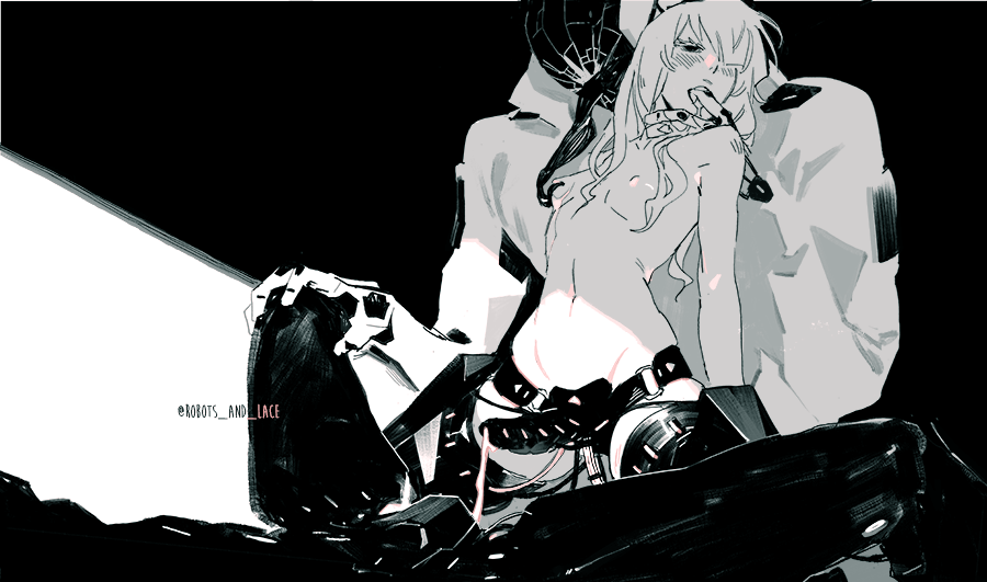 1girl 2boys aftersex assertive_female blush breasts completely_nude crack cracked_glass criticality_(robots_&amp;_lace) cum cum_string dildo drooling finger_in_another&#039;s_mouth greyscale group_sex height_difference humanoid_robot lying mmf_threesome monochrome monster multiple_boys nipple_stimulation nude on_back open_mouth original ratio_(robots_&amp;_lace) robot robots_&amp;_lace sarah_stone sex_toy simple_background small_breasts spread_legs standing strap-on tentacles threesome twitter_username valence_(robots_&amp;_lace)