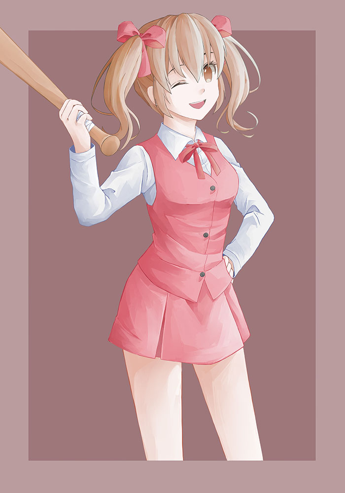 1girl :d aki_(misao) baseball_bat border brown_eyes brown_hair collared_shirt featherwings24 female_focus hair_between_eyes hair_ribbon hand_on_own_hip holding holding_baseball_bat misao neck_ribbon open_mouth outside_border pleated_skirt red_background red_ribbon red_skirt red_vest ribbon school_uniform shirt skirt smile solo twintails vest white_shirt wing_collar
