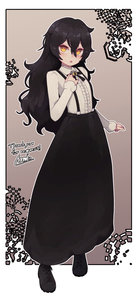 1girl :o black_boots black_hair black_ribbon black_shirt blush boots collared_shirt commission english_text eyelashes full_body grimmi_(vtuber) highres indie_virtual_youtuber lamb-oic029 long_hair long_skirt long_sleeves open_mouth outline ribbon second-party_source shirt signature skirt solo standing suspenders virtual_youtuber white_outline white_shirt yellow_eyes