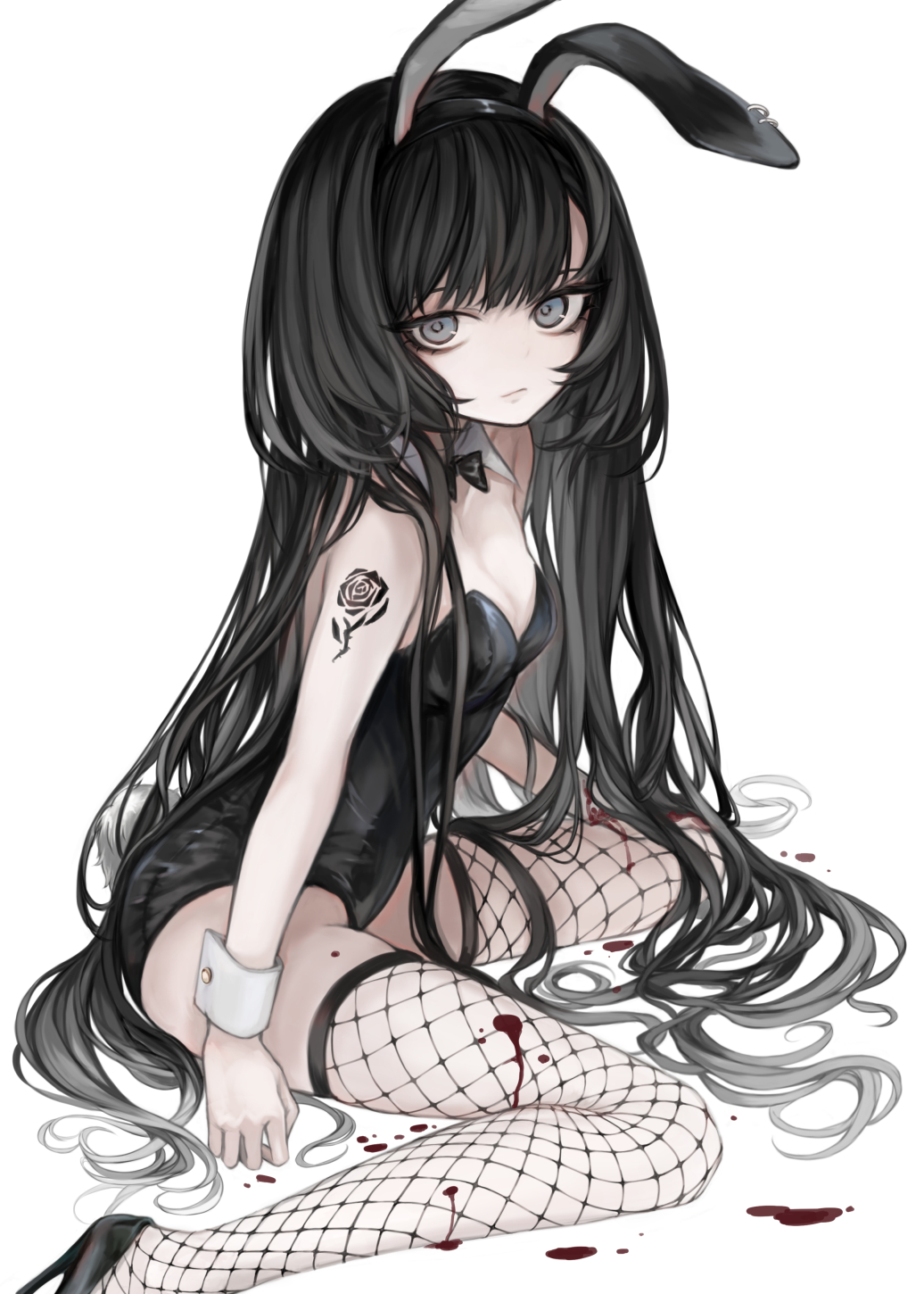 1girl animal_ears arm_tattoo bare_shoulders black_bow black_bowtie black_hair black_hairband black_leotard black_shoes black_thighhighs blood bow bowtie breasts closed_mouth collar commentary_request detached_collar fake_animal_ears fishnet_thighhighs fishnets flower_tattoo grey_eyes hairband hasunokaeru high_heels highres leotard looking_at_viewer original playboy_bunny rabbit_ears shoes simple_background sitting small_breasts solo strapless strapless_leotard tattoo thighhighs wariza white_background white_collar wing_collar wrist_cuffs