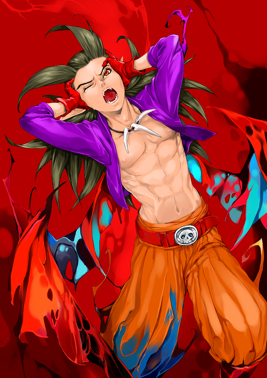 1boy bat_wings belt blood bloody_wings blue_wings brown_hair commentary_request dragon_quest dragon_quest_builders_2 fangs floating_clothes floating_neckwear gloves hair_horns hands_on_own_head highres jewelry kosuga_kumi looking_up low_ponytail male_focus monster_boy muscular muscular_male navel necklace nipples one_eye_closed open_clothes open_mouth open_shirt orange_pants pants pointy_ears ponytail purple_shirt red_background red_belt red_eyes red_gloves sharp_teeth shirt sidoh_(dqb2) skull_belt solo spiked_hair tears tears_from_one_eye teeth tooth_necklace torn_wings wings