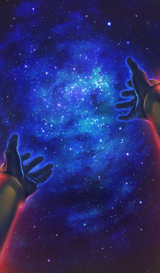 1boy armor black_gloves blue_theme commentary fate/grand_order fate_(series) galaxy gloves glowing gold_armor moryo official_art outstretched_arms pov pov_hands romulus_quirinus_(fate) sky sky_focus space star_(sky) starry_sky third-party_source