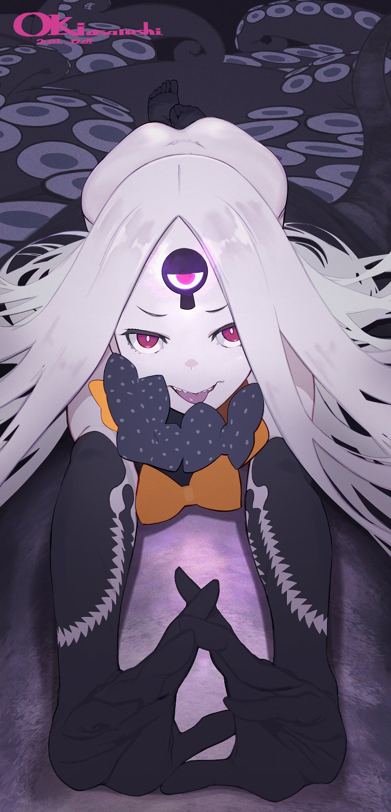 1girl abigail_williams_(fate) abigail_williams_(third_ascension)_(fate) ass black_bow bow breasts colored_skin fate/grand_order fate_(series) forehead hair_bow highres keyhole long_hair looking_at_viewer lying multiple_bows nude on_stomach orange_bow outstretched_arms parted_bangs polka_dot polka_dot_bow red_eyes small_breasts smile solo teeth tentacles third_eye tongue tongue_out white_hair white_skin wr_(karakusa_senbei)