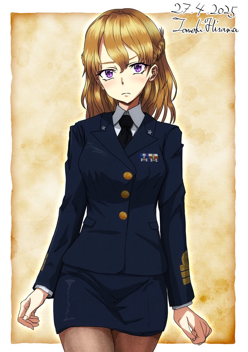 1girl alternate_costume artist_name black_necktie blonde_hair blue_jacket blue_skirt braid collared_shirt commentary_request cowboy_shot dated hair_between_eyes highres hisamatomoki jacket kantai_collection light_frown long_hair long_sleeves looking_at_viewer military_dress_uniform military_rank_insignia military_uniform naval_dress_uniform naval_uniform necktie one-hour_drawing_challenge pantyhose purple_eyes ribbon_bar shirt side_braid skirt solo wavy_hair white_shirt zara_(kancolle) zara_due_(kancolle)