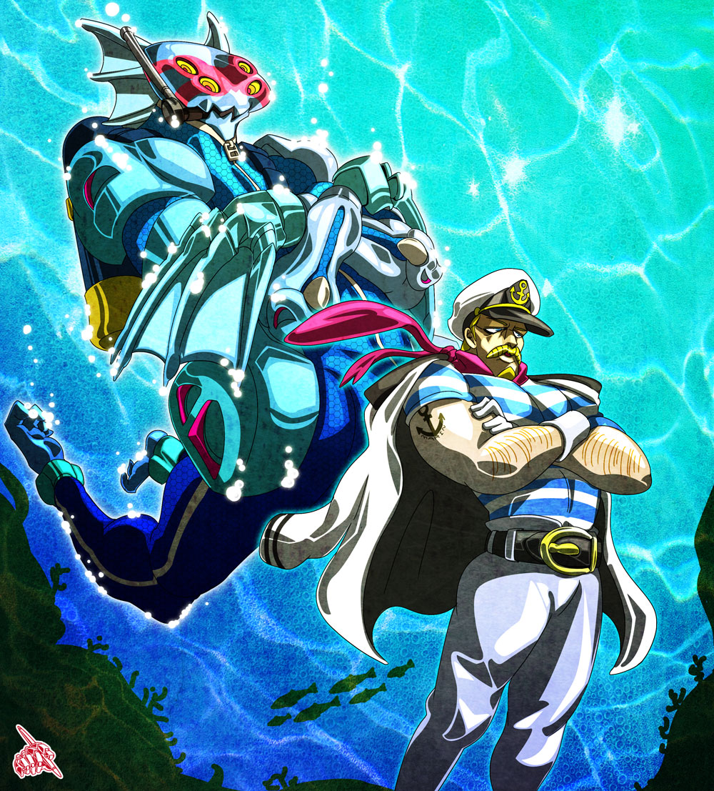 2boys beard blonde_hair cape captain_tennille dark_blue_moon facial_hair hat jojo_no_kimyou_na_bouken multiple_boys sailor_hat shirt stand_(jojo) striped_clothes striped_shirt tattoo uc-lab