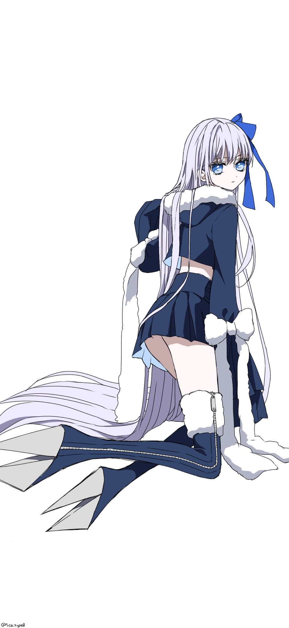 1girl 5ca_typeb absurdly_long_hair alternate_costume blue_boots blue_bow blue_eyes blue_shirt blue_skirt boots bow commentary_request cropped_shirt fate/extra fate/extra_ccc fate/grand_order fate_(series) from_behind full_body hair_bow highres hood hood_up hooded_shirt kneeling long_hair long_sleeves looking_at_viewer looking_back meltryllis_(fate) midriff_peek miniskirt pleated_skirt purple_hair shirt simple_background skirt sleeves_past_fingers sleeves_past_wrists solo straight_hair thighhighs turning_head very_long_hair very_long_sleeves white_background zettai_ryouiki zipper zipper_footwear zipper_pull_tab
