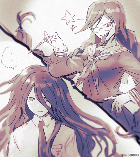 ... 1boy 1girl braid breast_pocket collared_shirt danganronpa:_trigger_happy_havoc danganronpa_(series) danganronpa_2:_goodbye_despair fukawa_toko genocider_shou glasses hajime_(gitoriokawaii) hand_up holding holding_scissors jacket kamukura_izuru long_hair long_sleeves long_tongue looking_at_viewer monochrome necktie one_eye_closed pleated_skirt pocket round_eyewear sailor_collar school_uniform scissors serafuku shirt skirt spoken_ellipsis star_(symbol) tongue tongue_out twin_braids