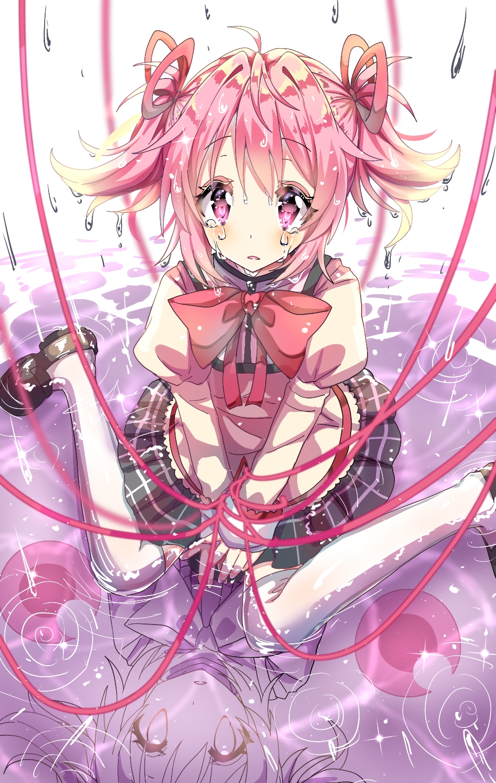 1girl black_skirt bound bound_arms bow bowtie brown_shirt brown_shoes collared_shirt commentary_request crying crying_with_eyes_open dot_nose eyelashes full_body hair_between_eyes hair_ribbon high_collar highres juliet_sleeves kaname_madoka kyubey lace lace-trimmed_shirt lace-trimmed_sleeves lace_trim light_blush loafers long_sleeves mahou_shoujo_madoka_magica mahou_shoujo_madoka_magica_(anime) miniskirt mitakihara_school_uniform parted_lips pink_eyes pink_hair plaid_clothes plaid_skirt pleated_skirt puffy_sleeves rain red_bow red_bowtie red_ribbon reflection reflective_water ribbon ripples sad sakuya_no_aotori school_uniform shirt shoes short_hair short_twintails sitting sitting_on_water skirt solo tareme teardrop tears thighhighs twintails wariza wet white_sleeve_cuffs white_thighhighs