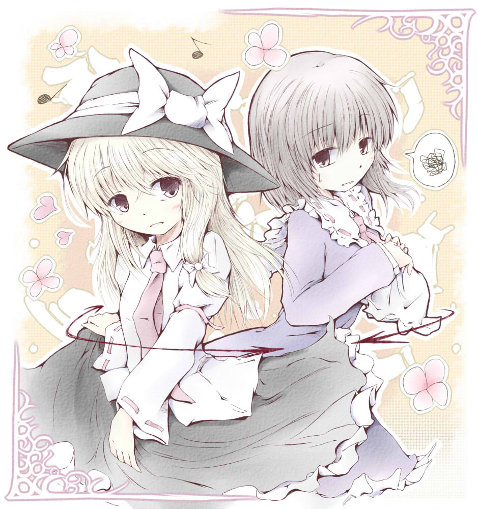 2girls blonde_hair blush border bow brown_eyes brown_hair cosplay costume_switch dress flower hair_bow hat hat_bow heart long_hair maribel_hearn maribel_hearn_(cosplay) multiple_girls musical_note necktie open_mouth ribbon romi short_hair skirt smile socks touhou usami_renko usami_renko_(cosplay)