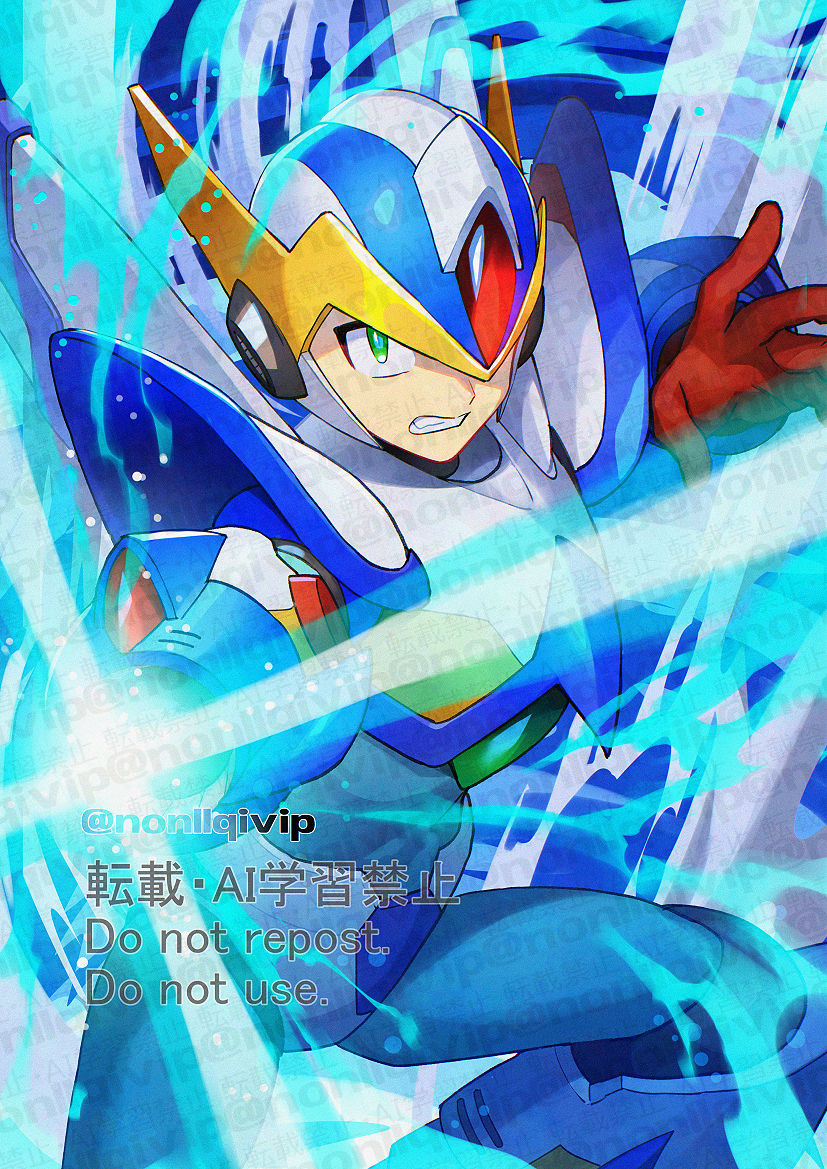 1boy android arm_cannon armor clenched_teeth cowboy_shot falcon_armor_x_(mega_man) forehead_jewel glint glowing green_eyes helmet male_focus mechanical_wings mega_man_(series) mega_man_x_(series) powering_up shoulder_armor solo teeth weapon white_armor white_helmet wind wings x_(mega_man) yamanashi_taiki