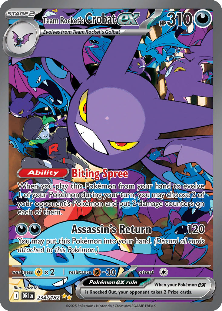 1girl artist_name bat_(animal) belt black_hat black_shirt black_skirt boots card_(medium) character_name colored_sclera company_name copyright_name copyright_notice crobat elbow_gloves english_text evolutionary_line fangs gen_1_pokemon gen_2_pokemon gloves golbat green_hair grey_belt grey_boots grey_gloves hat kochi8i nintendo official_art open_mouth pokemon pokemon_(creature) pokemon_card pokemon_focus pokemon_frlg pokemon_tcg red_eyes shirt short_hair skirt team_rocket team_rocket_grunt team_rocket_uniform teeth third-party_source trading_card v-shaped_eyes yellow_sclera zubat