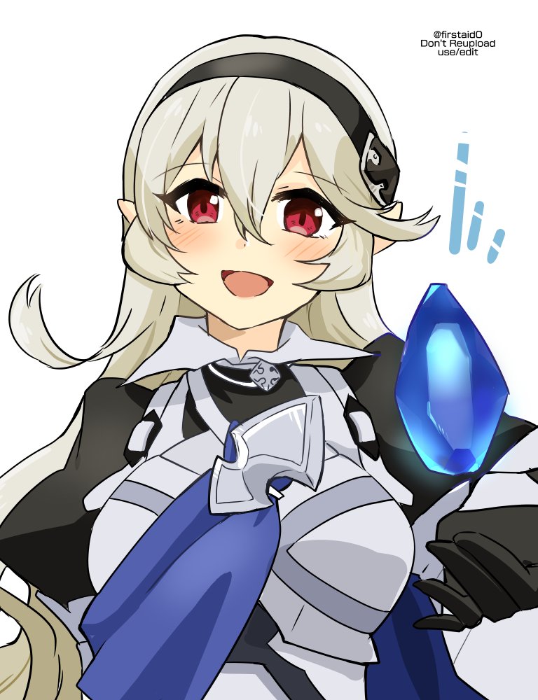 1girl black_hairband breasts female_corrin_(fire_emblem) fire_emblem fire_emblem_fates grey_hair hair_between_eyes hairband long_hair looking_at_viewer medium_breasts nintendo open_mouth pointy_ears red_eyes smile solo yukia_(firstaid0)