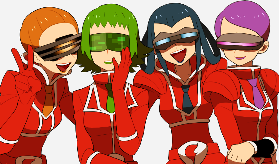 10s 4girls adjusting_eyewear adjusting_glasses aliana_(pokemon) bad_id bad_pixiv_id blue-tinted_eyewear blue_hair bryony_(pokemon) celosia_(pokemon) green-tinted_eyewear green_hair li_sakura lipstick mable_(pokemon) makeup multiple_girls nintendo orange-tinted_eyewear pokemon pokemon_xy purple-tinted_eyewear purple_hair red_hair team_flare tinted_eyewear v visor