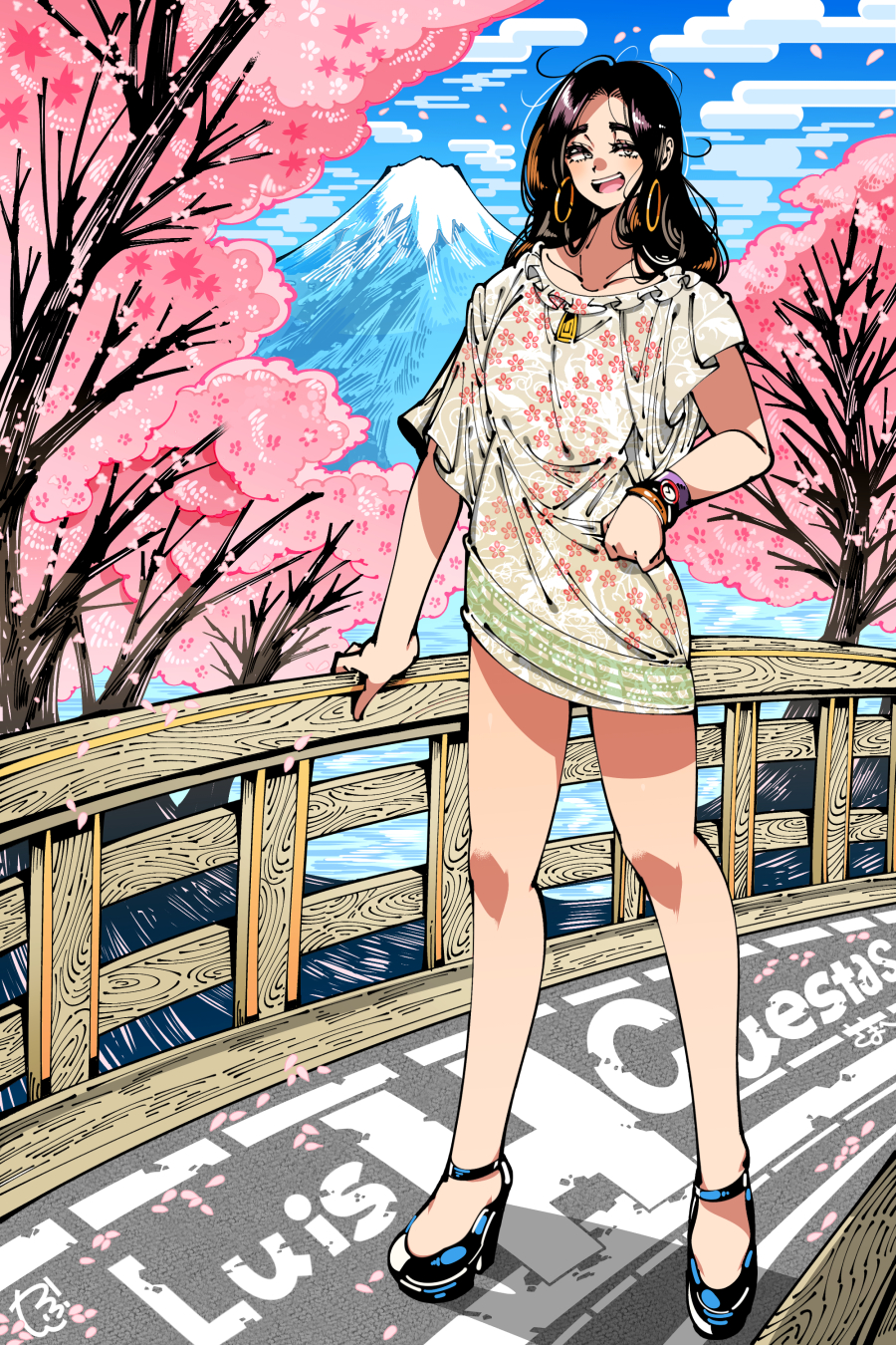 1girl black_hair black_shoes blue_sky cherry_blossoms cherry_tree cloud collarbone earrings fence full_body highres hoop_earrings jewelry kafun long_hair looking_at_viewer mount_fuji open_mouth original shoes short_sleeves sky smile solo standing teeth thick_eyebrows upper_teeth_only watch wooden_fence wristwatch