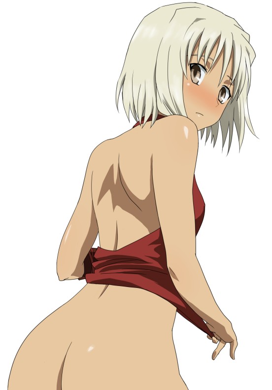1girl 428 428:_fuusa_sareta_shibuya_de ass back bare_shoulders blush bottomless brown_eyes canaan_(character) canaan_(series) chunsoft female_focus komatsu_(sakanae) looking_back no_panties short_hair simple_background solo undressing white_background