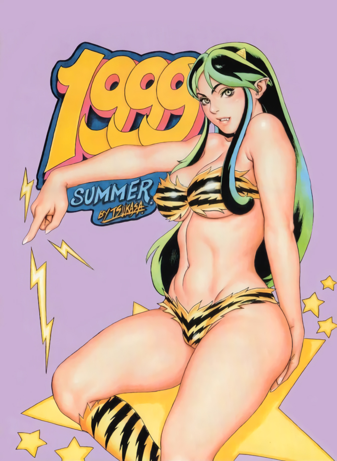 1990s_(style) 1999 1girl abs animal_print artist_name ass bandeau bare_shoulders bikini blue_hair boots breasts cleavage covered_erect_nipples crease curvy dated fang female_focus fingernails grabbing_own_ass gradient_hair green_eyes grin horns knee_boots large_breasts lightning lips long_fingernails long_hair looking_at_viewer lum multicolored_hair nail_polish navel outstretched_arm parted_bangs pointing pointy_ears purple_background retro_artstyle scan simple_background sitting smile solo star_(symbol) swimsuit thick_thighs thighs tiger_print torn_clothes traditional_media tsukasa_jun underboob urusei_yatsura very_long_hair wide_hips