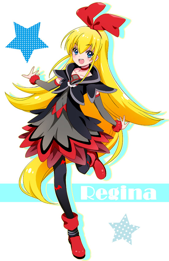 1girl :d animal_print bat_print black_pantyhose blonde_hair blue_eyes blush character_name choker dokidoki!_precure female_focus long_hair open_mouth pantyhose patterned_legwear precure print_pantyhose red_ribbon regina_(dokidoki!_precure) ribbon shadow simple_background smile solo standing standing_on_one_leg star_(symbol) white_background zooya