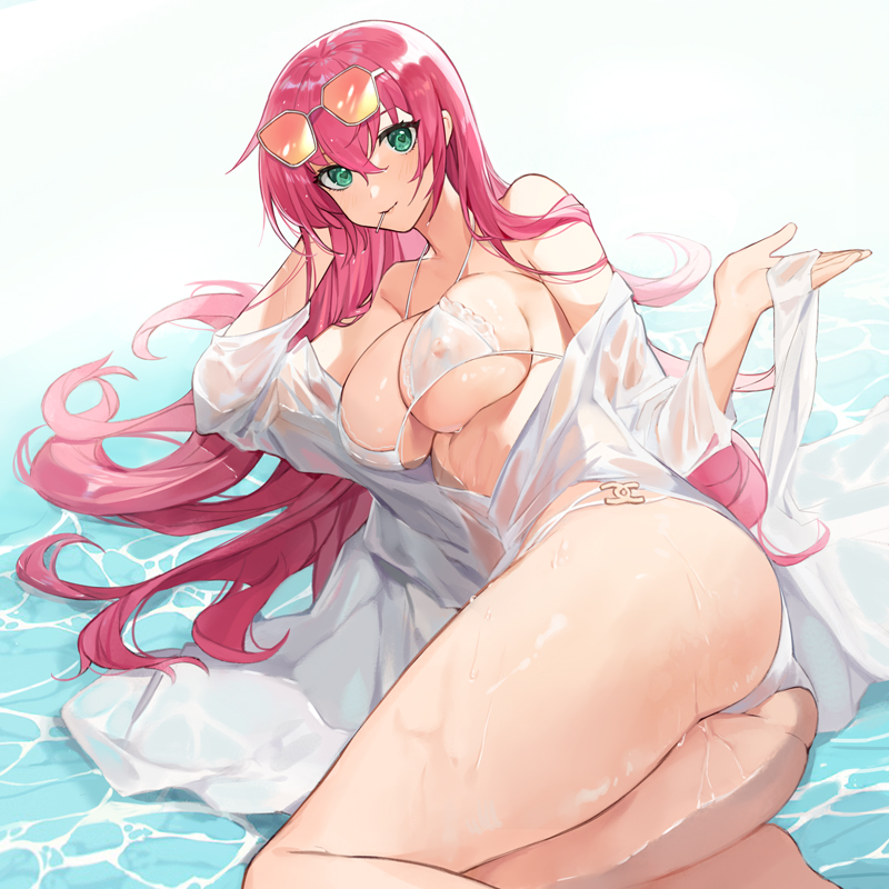1girl arm_support ass azur_lane bare_legs bikini blush breasts chinese_commentary cleavage closed_mouth covered_erect_nipples dress eyewear_on_head feet_out_of_frame green_eyes hair_between_eyes large_breasts legs_together lips long_hair looking_at_viewer lying mouth_hold nipples official_alternate_costume on_side orange-tinted_eyewear partially_submerged pink_hair see-through_clothes simple_background smile solo string_bikini sunglasses surcouf_(azur_lane) surcouf_(loisirs_balneaires)_(azur_lane) swimsuit thighs tinted_eyewear wet wet_clothes white-framed_eyewear white_background white_bikini white_dress yayako_(804907150)