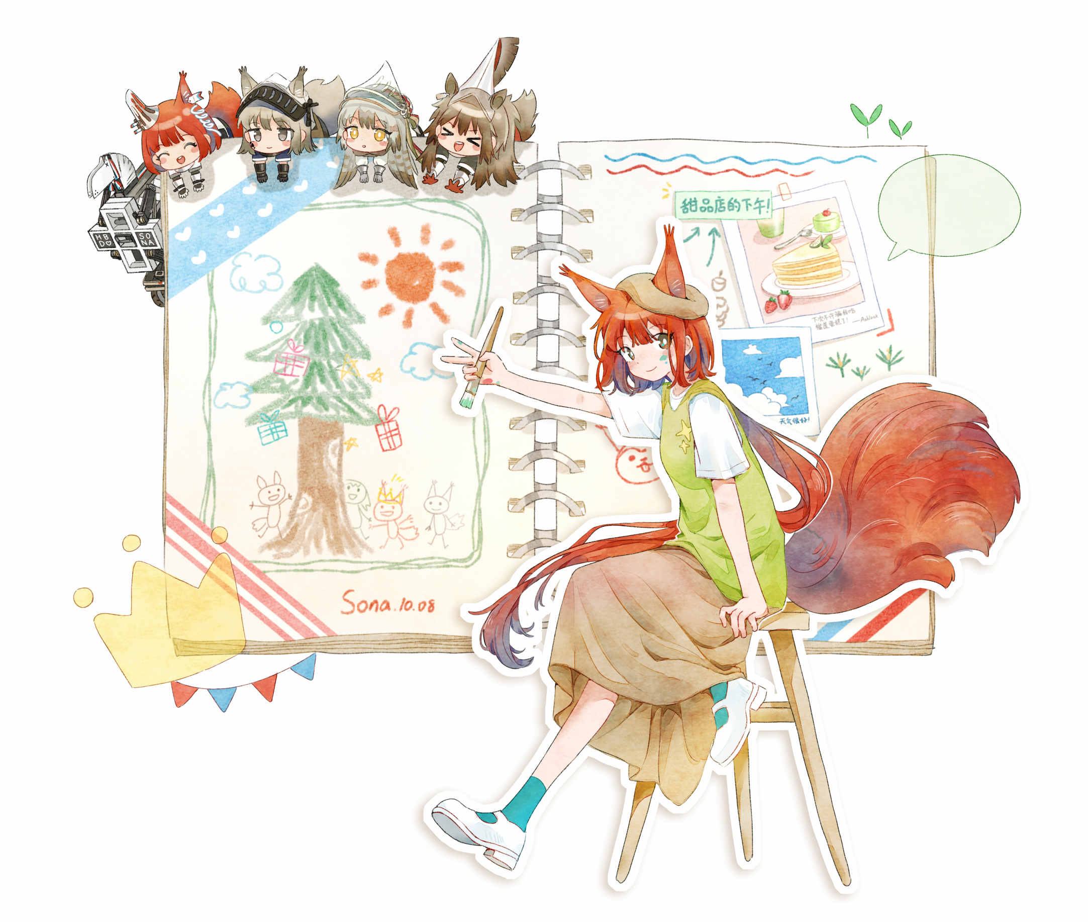 >_< 1other 4girls :o ^_^ alternate_costume animal_ears arknights armor ashlock_(arknights) beret blue_socks blush_stickers book brown_eyes brown_hair brown_hat brown_skirt character_name chibi chinese_commentary closed_eyes commentary_request crown fartooth_(arknights) feather_hair flametail_(arknights) gambeson green_vest hat highres holding holding_paintbrush justice_knight_(arknights) long_hair multiple_girls open_book open_mouth outline paint_on_hands paint_splatter paint_splatter_on_face paintbrush red_hair robot scrapbook sdrzkaige shirt short_hair short_sleeves simple_background sitting skirt socks squirrel_ears squirrel_girl squirrel_tail stool string string_of_fate tail v vest visor_(armor) white_background white_footwear white_shirt wild_mane_(arknights) yellow_eyes