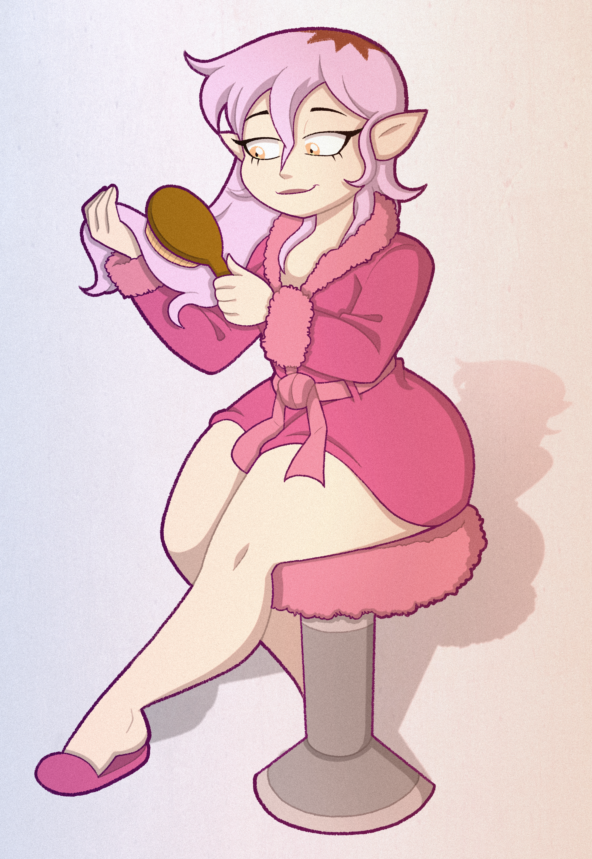 1girl absurdres amity_blight bathrobe brushing_hair closed_mouth commentary english_commentary hair_brush highres holding holding_brush long_hair pink_hair pointy_ears shadow sitting solo stool the_owl_house thick_thighs thighs tonyneely yellow_eyes