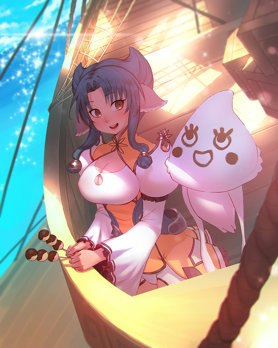 1girl animal_ears aquaplus atuy blue_hair blush boat breasts brown_eyes cleavage cleavage_cutout clothing_cutout cowboy_shot dango dress food gradient_eyes gradient_hair hachifuku highres jellyfish kurarin_(utawarerumono) large_breasts lips long_sleeves looking_at_another multicolored_eyes multicolored_hair ocean open_mouth parted_bangs puffy_sleeves raised_eyebrows rope short_hair_with_long_locks short_shorts shorts standing sunlight teeth thighs tongue utawarerumono utawarerumono:_itsuwari_no_kamen wagashi water watercraft wide_sleeves