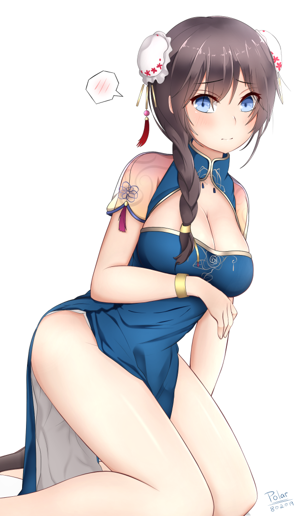 1girl alternate_costume artist_name azur_lane black_footwear blue_dress blush braid breasts bun_cover china_dress chinese_clothes cleavage cleavage_cutout clothing_cutout curacoa_(eastern_grace)_(azur_lane) curacoa_(azur_lane) curacoa_(eastern_grace)_(azur_lane) dated dress flower gold_trim hair_between_eyes kneeling large_breasts pelvic_curtain pink_flower polar_(admiral_pola) short_sleeves side_braid simple_background solo taut_clothes taut_dress white_background