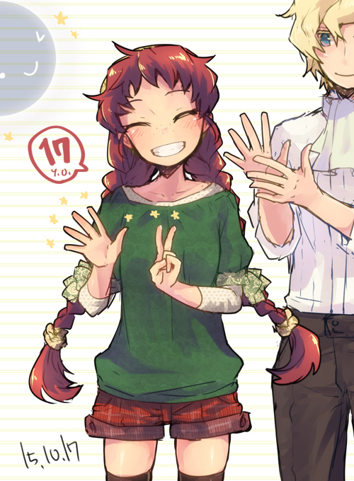 1boy 1girl black_pants black_thighhighs blue_eyes braid brown_hair closed_eyes collarbone cowboy_shot dated dress_shirt floating_hair green_shirt grin head_tilt isuzu_(log_horizon) layered_sleeves log_horizon long_hair long_sleeves looking_at_another lunderhaus_cord mo_(deciliter) outstretched_hand pants red_shorts shirt short_over_long_sleeves short_shorts short_sleeves shorts smile speech_bubble standing thigh_gap thighhighs twin_braids twintails v very_long_hair white_background white_neckwear white_shirt zettai_ryouiki