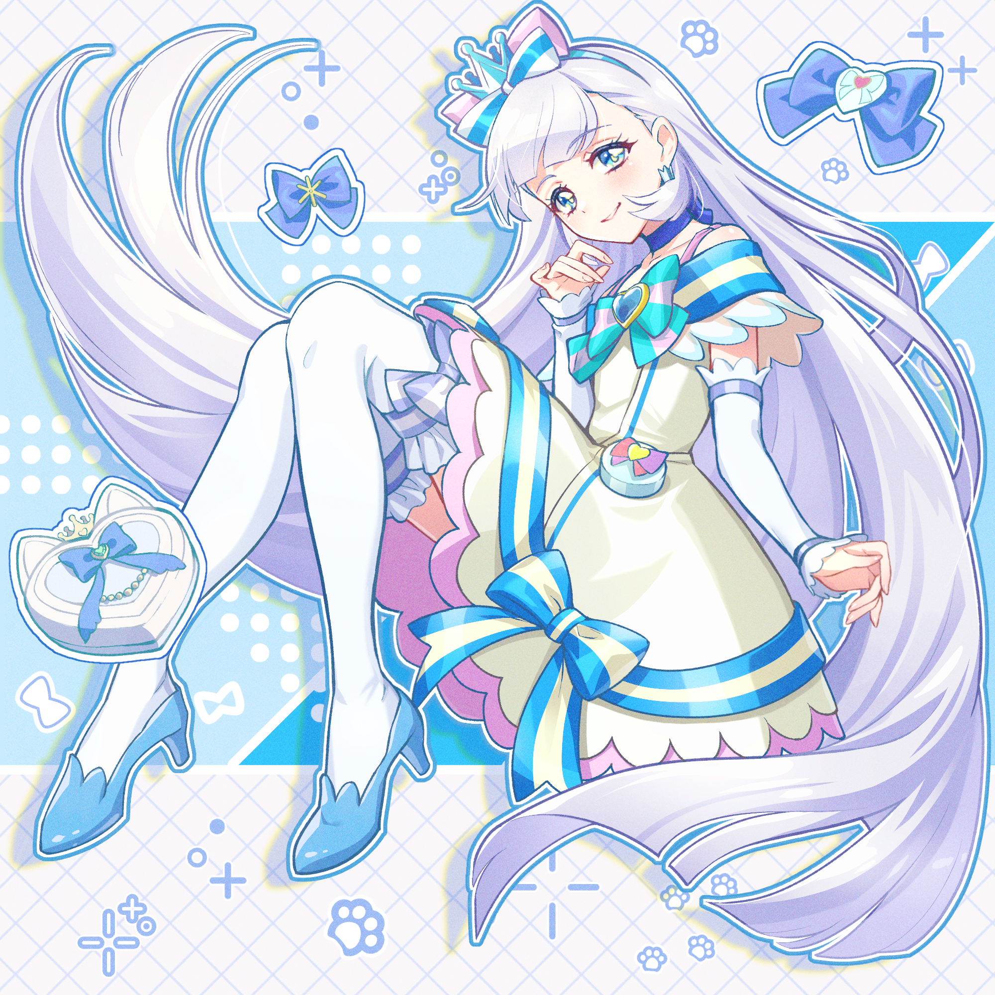 1girl abstract_background blue_bow blue_choker blue_crown blue_eyes blue_shoes bow bow_legwear brooch brooch_removed choker crown crown_bow crown_earrings cure_nyammy dress dress_bow earrings full_body head_tilt heart heart_brooch high_heels highres hime_cut jewelry long_hair looking_at_viewer magical_girl mini_crown multicolored_bow nekoyashiki_yuki paw_print pink_bow pointed_crown pouch precure ribbon_choker rice_rabbit22 shoes smile solo striped_bow thighhighs white_arm_warmers white_dress white_hair white_thighhighs wonderful_precure!