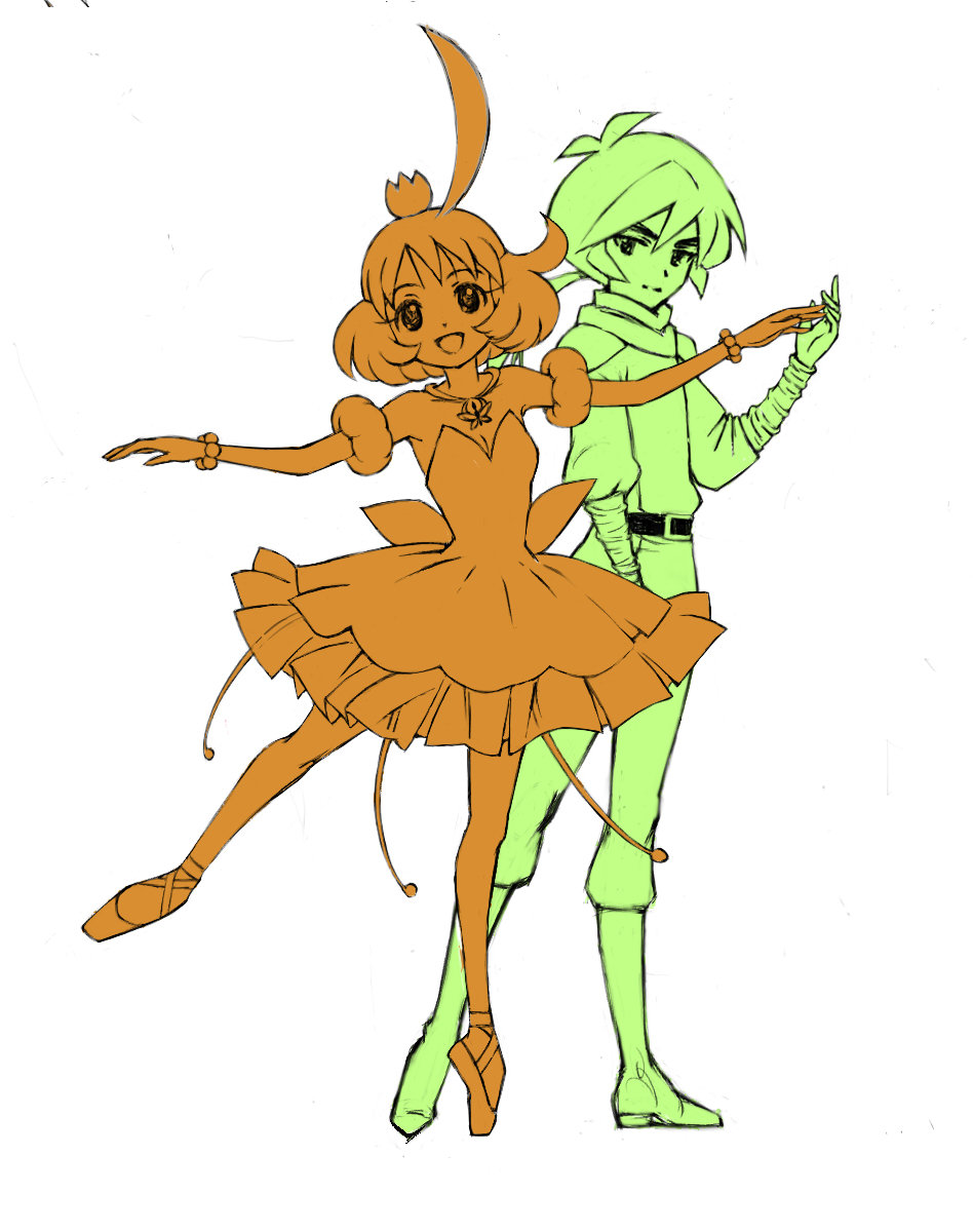 1boy 1girl ahiru_(princess_tutu) ahoge arabesque_(pose) ballerina ballet ballet_slippers bare_shoulders bead_bracelet beads bracelet crown dancing en_pointe facing_viewer fakir_(princess_tutu) flat_color footwear_ribbon highres itou_ikuko jewelry mini_crown necklace official_art princess_tutu princess_tutu_(character) simple_background tutu white_background