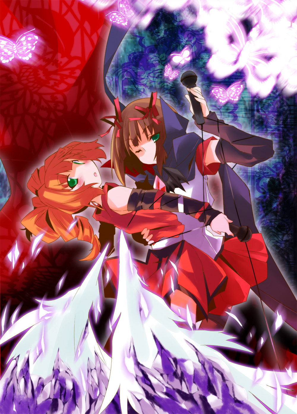 2girls amami_haruka bow brown_hair bug butterfly cable cape dark_haruka detached_sleeves green_eyes harustein highres idolmaster idolmaster_(classic) insect microphone miniskirt mujin_gattai_kisaragi multiple_girls orange_hair skirt tachiuo_nikominabe takatsuki_yayoi twintails wings