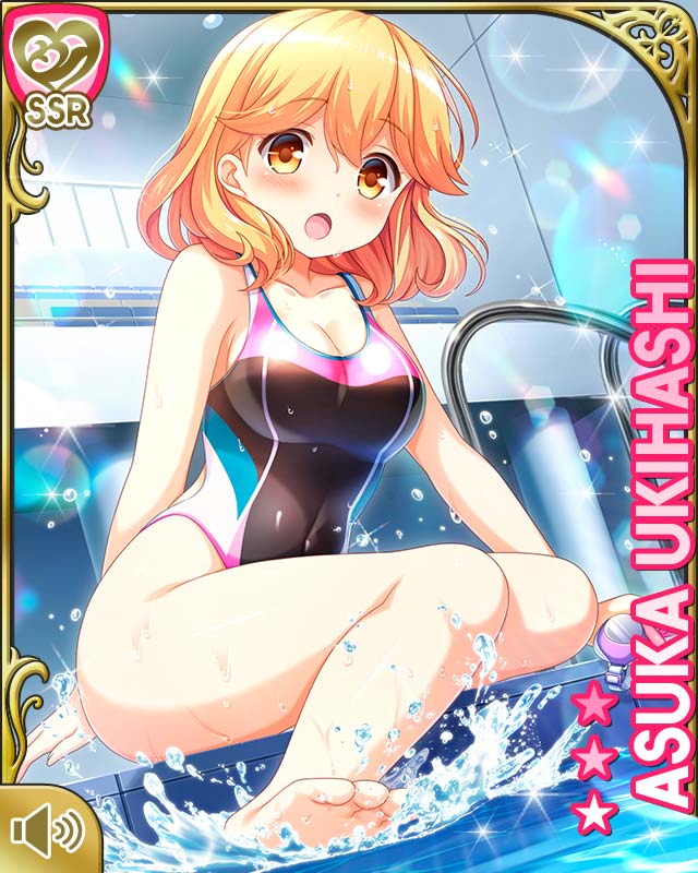 1girl bare_legs barefoot black_one-piece_swimsuit black_ribbon blonde_hair breasts brown_eyes card_(medium) day girlfriend_(kari) hair_ribbon indoor_pool indoors kicking medium_breasts official_art one-piece_swimsuit open_mouth pool qp:flapper ribbon short_hair sitting solo splashing swimsuit tagme ukihashi_asuka