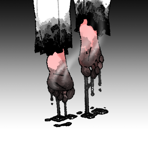 1boy angel_devil_(chainsaw_man) barefoot black_liquid chainsaw_man constantine_(series) feet floating foot_focus gradient_background kkangmuu lucifer_(constantine) scene_reference soles solo stained_clothes