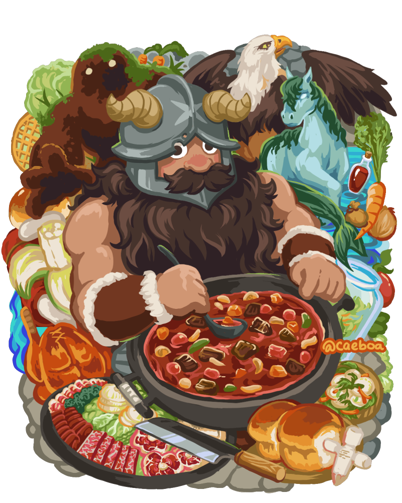 1boy basilisk beard bread cabbage caeboa carrot cooking dark-skinned_male dark_skin dungeon_meshi dwarf facial_hair fake_horns food golem helmet horned_helmet horns kelpie knife loaf_of_bread long_beard male_focus meat muscular muscular_male mustache senshi_(dungeon_meshi) solo spoon stew thick_mustache very_long_beard