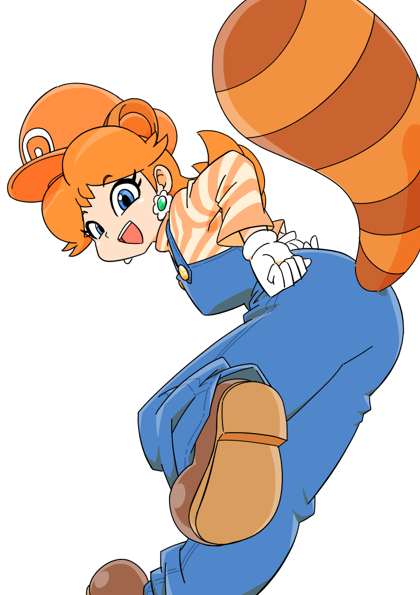 1girl animal_ears blue_eyes blue_overalls brown_footwear brown_hair earrings flower_earrings gloves hat jewelry junnosu looking_at_viewer mario_(series) nintendo open_mouth orange_hat overalls princess_daisy raccoon_dsisy raccoon_ears raccoon_tail shirt smile striped_clothes striped_shirt super_mario_bros._3 tail vertical-striped_clothes vertical-striped_shirt white_gloves