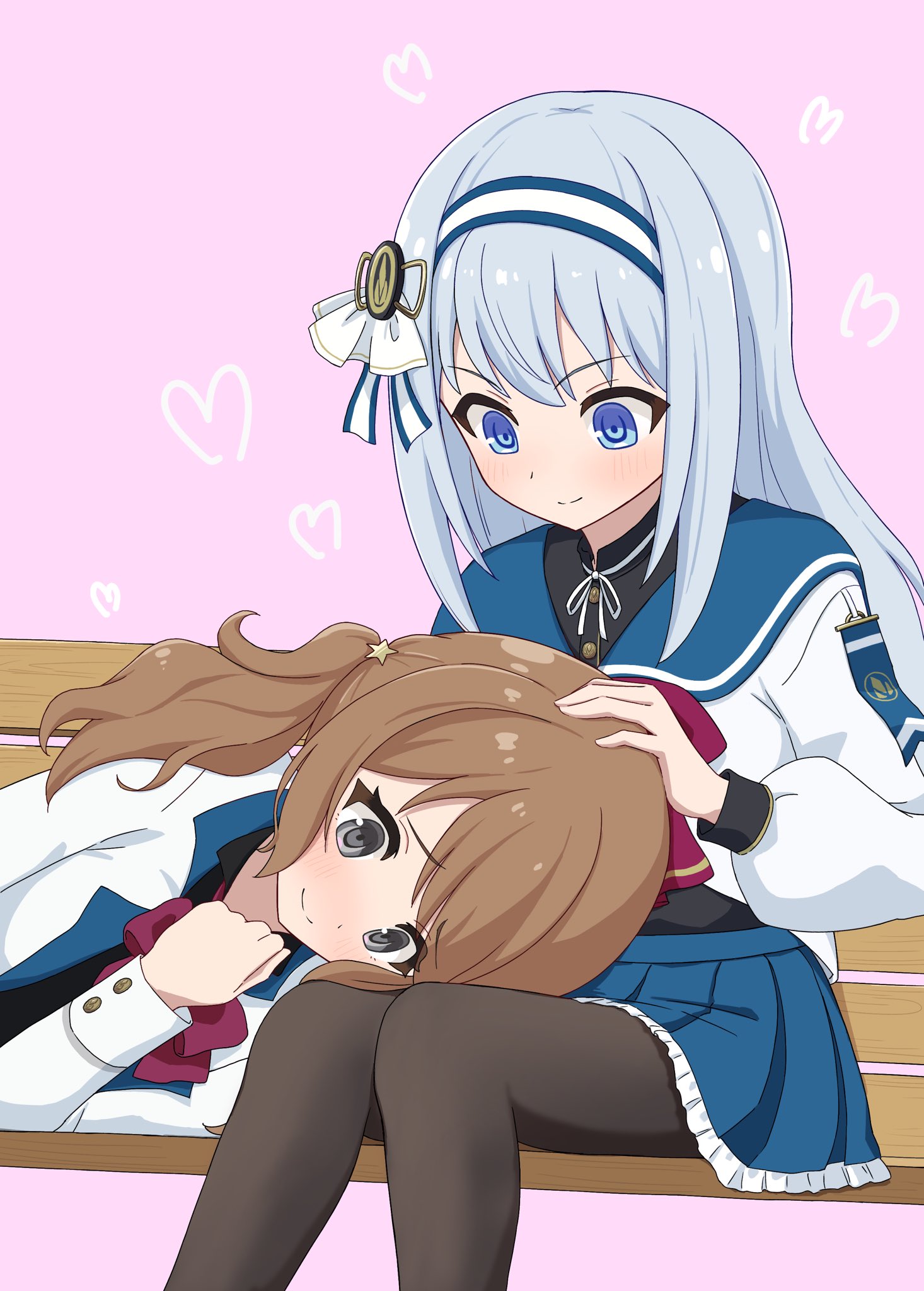 2girls assault_lily bench black_pantyhose black_skirt blue_eyes blue_hairband blue_ribbon blue_sailor_collar blue_skirt blush bow bowtie brown_hair closed_mouth commentary_request commission feet_out_of_frame frilled_skirt frills grey_eyes grey_hair hair_ornament hair_ribbon hairband hand_on_another's_head hand_up heart herensuge_girls_academy_school_uniform highres iijima_renka jacket lap_pillow long_hair long_sleeves looking_ahead looking_at_another looking_down low_side_ponytail lying mathamorphous miniskirt multiple_girls neck_ribbon on_bench on_side open_clothes open_jacket pantyhose pink_background pleated_skirt puffy_long_sleeves puffy_sleeves raised_eyebrows red_bow red_bowtie ribbon sailor_collar school_uniform serafuku shirt side_ponytail simple_background sitting skeb_commission skirt smile star_(symbol) star_hair_ornament tsuboi_nanaho two-tone_hairband two-tone_ribbon white_hairband white_jacket white_ribbon white_shirt yuri