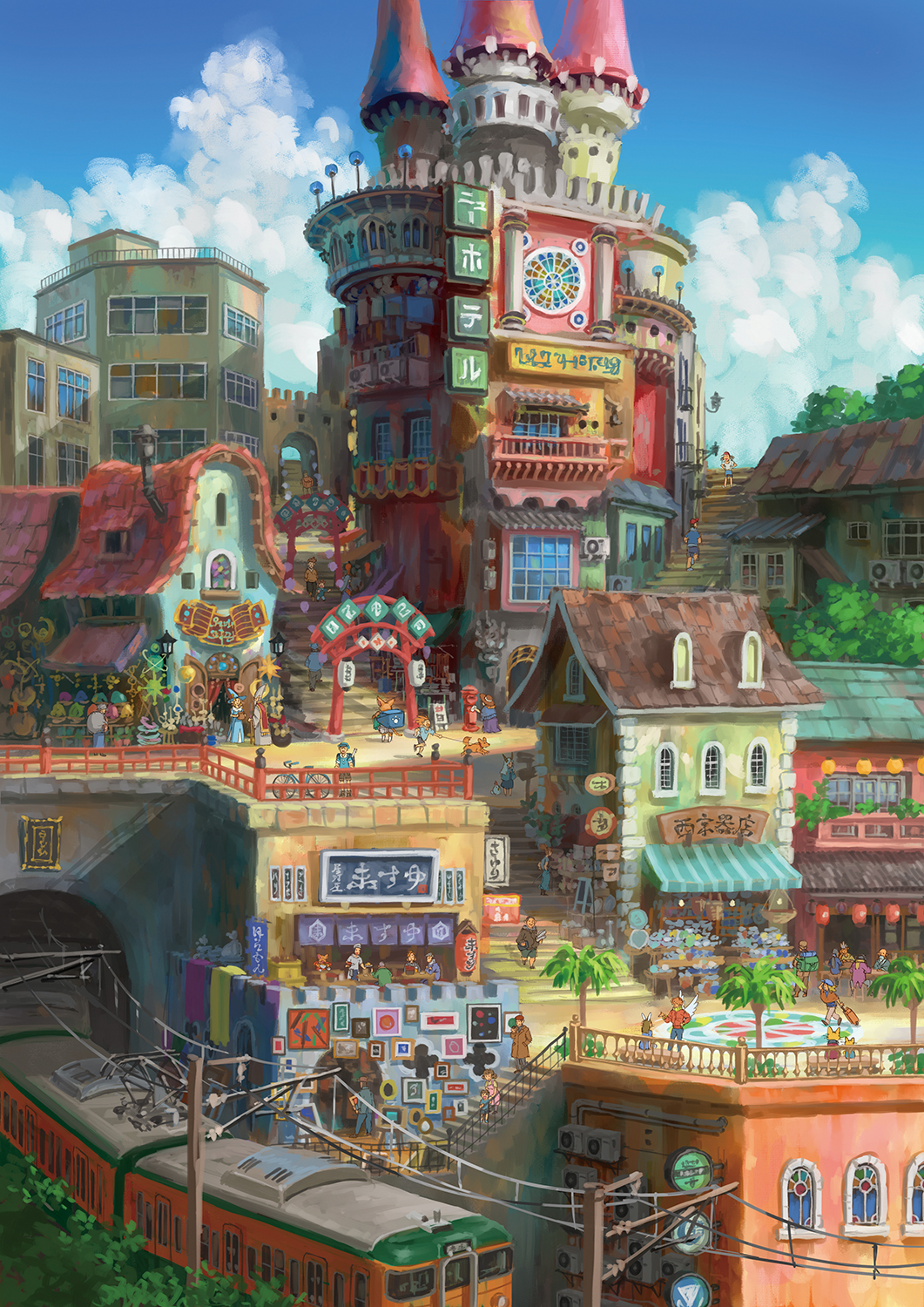 air_conditioner awning battlement bicycle blue_sky building cloud day fantasy highres making-of_available mixed_architecture multiple_boys multiple_girls multiple_unit_train original outdoors overhead_line railing scenery shop sign sky slice_of_life stairs tower town train tree tunnel window yukoiwase
