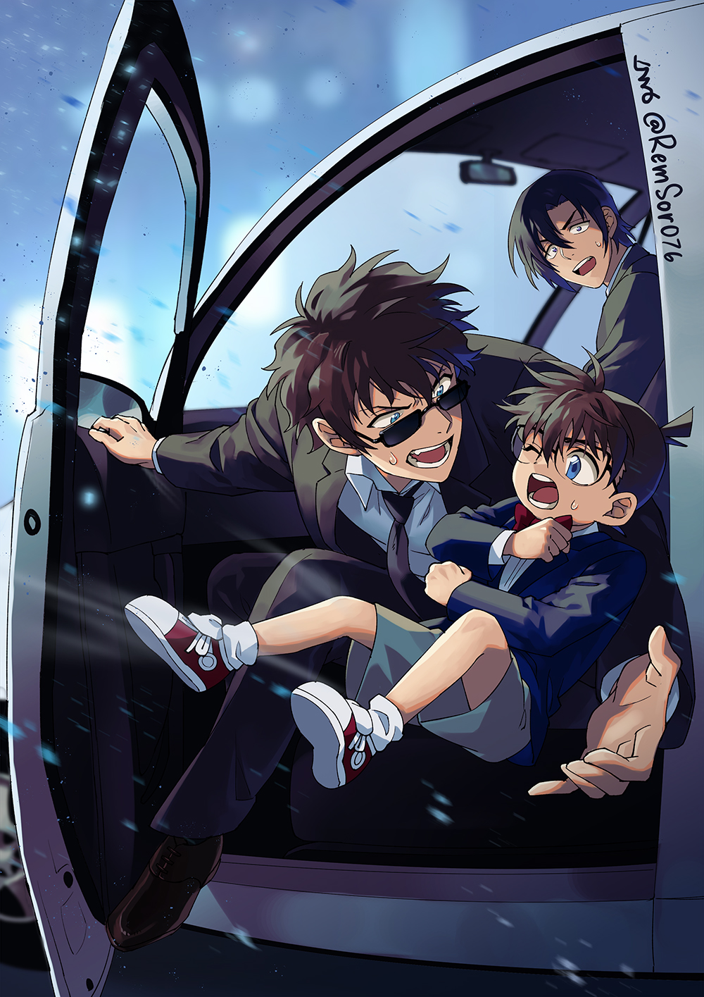 3boys black_hair black_necktie black_suit blue_eyes bow bowtie brown_hair car catching child edogawa_conan eye_contact formal_clothes glasses grey_shorts hagiwara_kenji highres leaning_forward looking_at_another looking_over_eyewear male_focus matsuda_jinpei meitantei_conan motion_blur motor_vehicle multiple_boys necktie one_eye_closed open_hand open_mouth purple_eyes red_bow red_bowtie red_footwear remsor076 shoes short_hair shorts signature sitting sneakers suit sunglasses sweatdrop teeth thrown twitter_username