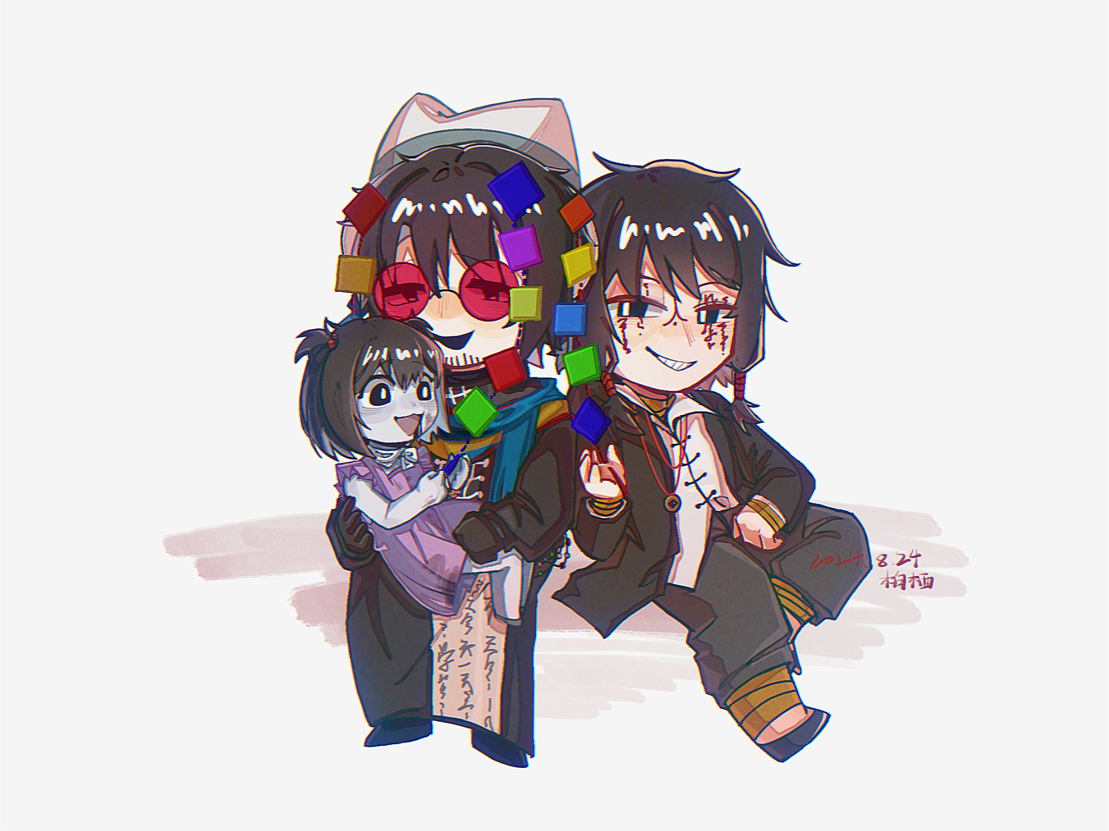 1girl 2boys bandaged_leg bandages beard_stubble black_coat black_eyes black_gloves black_hair black_jacket black_shoes blue_scarf bright_pupils chinese_commentary coat collared_shirt colored_skin commentary_request dated deformed dress facial_hair facial_tattoo gloves grin h2o_(zuonimengzhongdejingling) hair_bobbles hair_ornament hat highres huai_huizhi huai_yunqing jacket long_sleeves multiple_boys open_clothes open_jacket open_mouth pink_dress red-tinted_eyewear round_eyewear scarf shirt shoes short_hair sitting sitting_on_lap sitting_on_person sleeveless sleeveless_dress smile stubble tattoo tinted_eyewear touqi_guaitan twintails white_hat white_pupils white_shirt white_skin ziche_fuzhao