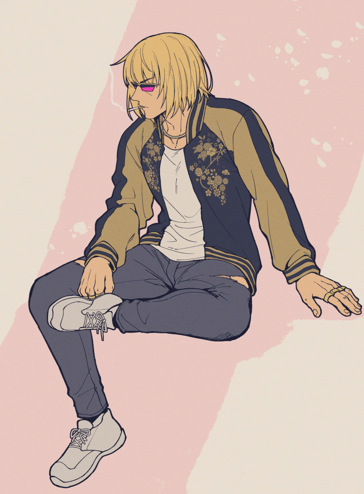 1boy blonde_hair cigarette fate/grand_order fate_(series) full_body grey_shoes invisible_chair jewelry long_sleeves male_focus necklace pants sakata_kintoki_(animejapan_2024)_(fate) sakata_kintoki_(fate) shirt shoes short_hair sitting smoke smoke_trail smoking sneakers solo sunglasses torn_clothes torn_pants white_shirt zanshi
