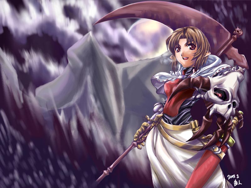00s 1girl 2002 armor armored_dress belt brown_hair claws dress female_focus gloves hiro_(spectral_force) holding_behind_back holding_polearm holding_polearm_behind_back holding_weapon holding_weapon_behind_back pointy_ears polearm purple_background red_eyes scythe shawl short_hair smile solo spectral_(series) spectral_force spectral_souls spectral_vs_generation sword weapon