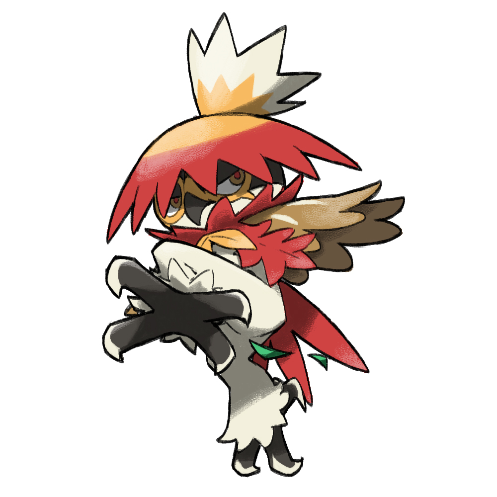 animal_focus blacknirrow brown_eyes full_body half-closed_eyes hisuian_decidueye kicking nintendo no_humans pokemon pokemon_(creature) red_pupils simple_background solo white_background