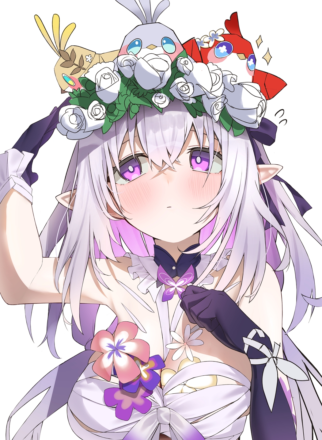 animal animal_on_head bird bird_on_head blush breasts castorice_(honkai:_star_rail) closed_mouth commentary dress flower_ornament head_wreath highres honkai:_star_rail honkai_(series) long_hair medium_breasts nidaime_(doronbo) on_head origami_bird_(honkai:_star_rail) pointy_ears purple_eyes purple_hair purple_hands simple_background upper_body white_background white_dress