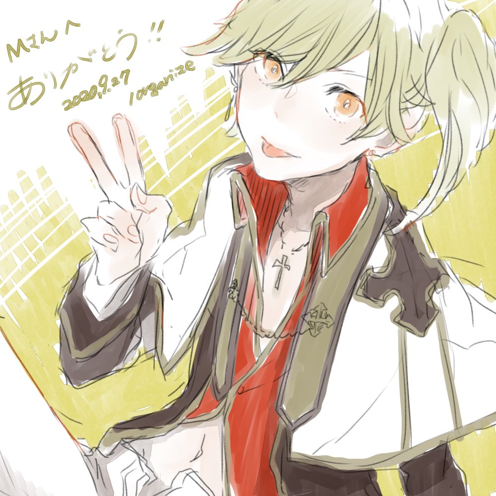 1boy arch_bishop_(ragnarok_online) black_coat blonde_hair capelet closed_mouth coat commentary_request cross cross_necklace dated jewelry looking_at_viewer male_focus navel necklace official_alternate_costume one_side_up open_clothes open_coat orange_eyes pants ragnarok_online red_shirt shirt short_hair smile solo tongue tongue_out v white_capelet white_pants yutsuki