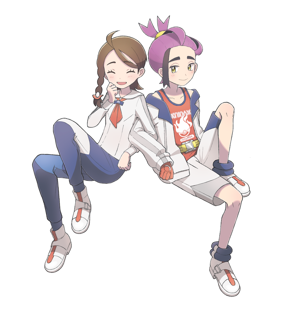 1boy 1girl :d ahoge blue_pants blush braid brown_hair closed_eyes collared_shirt commentary_request eyelashes gloves happy jacket juliana_(pokemon) kieran_(pokemon) knees locked_arms long_sleeves multicolored_hair nintendo open_mouth pants pokemon pokemon_sv purple_hair shirt shoes shorts sleeveless sleeveless_shirt smile socks suimoku_(hzdg5322) tank_top two-tone_hair white_footwear white_jacket white_shirt white_shorts yellow_eyes