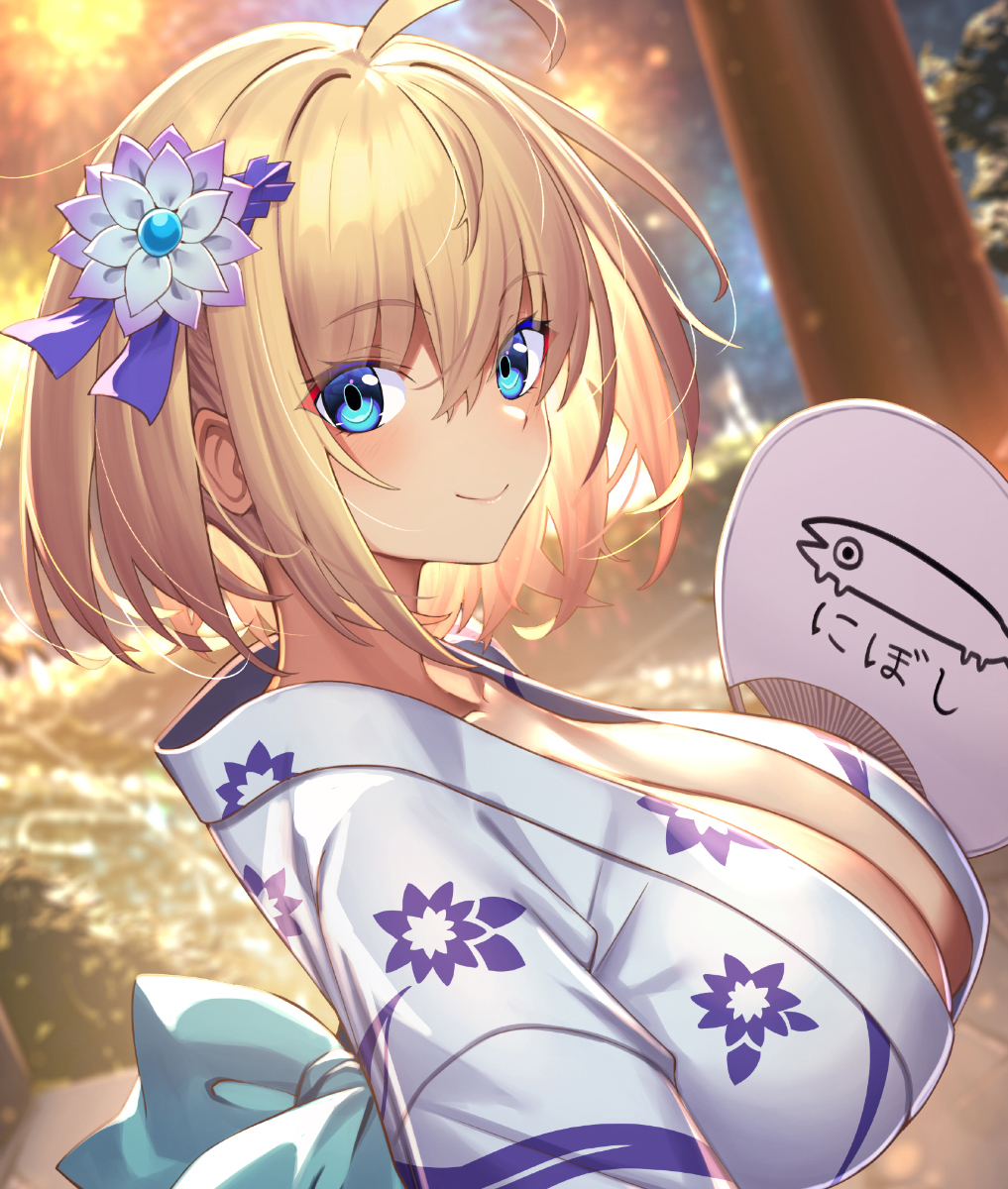 1girl blonde_hair blue_eyes breasts cleavage highres japanese_clothes kimono large_breasts original solo sophia_f_shirring takamine_nadare