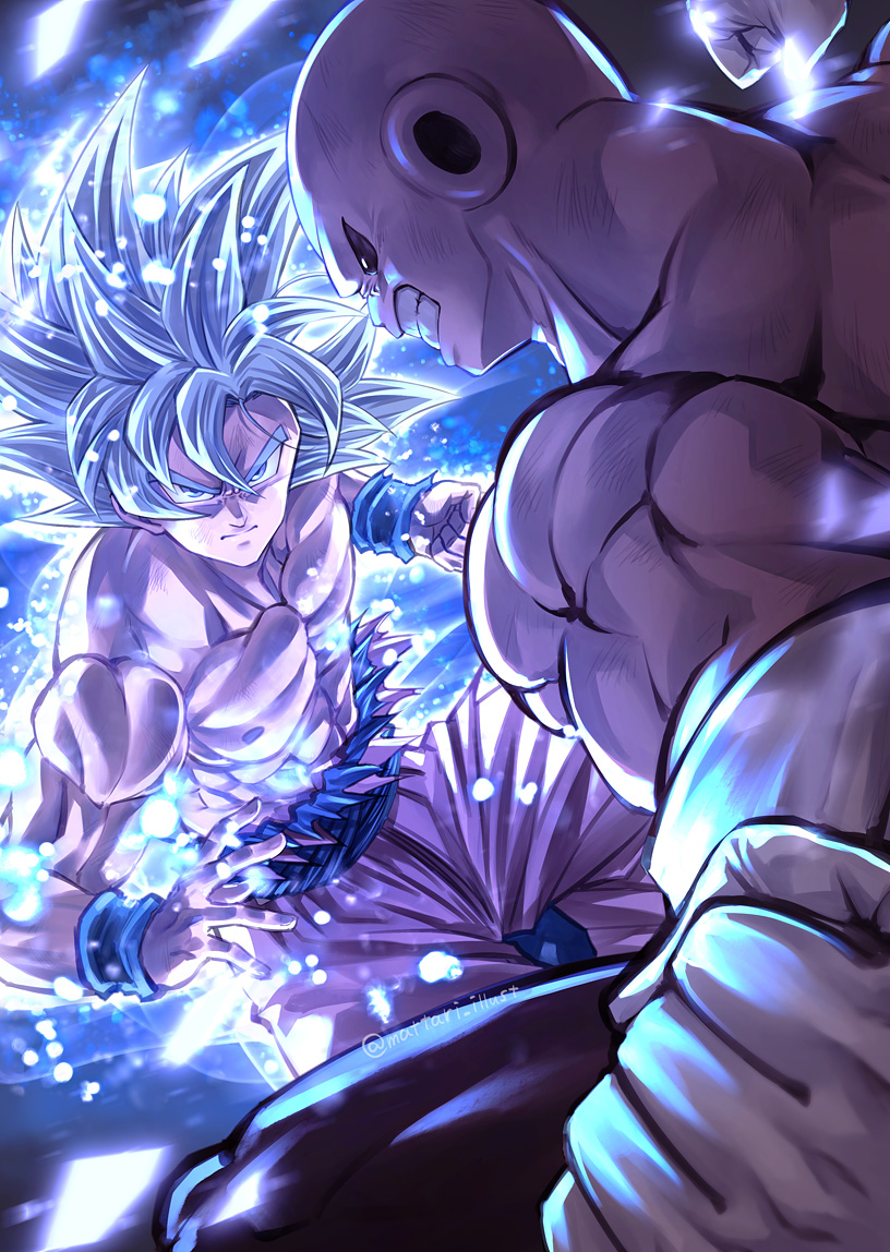 2boys closed_mouth collarbone dragon_ball dragon_ball_super fighting jiren long_hair male_focus mattari_illust multiple_boys pants topless_male grey_eyes silver_hair son_goku spiked_hair ultra_instinct v-shaped_eyebrows wristband