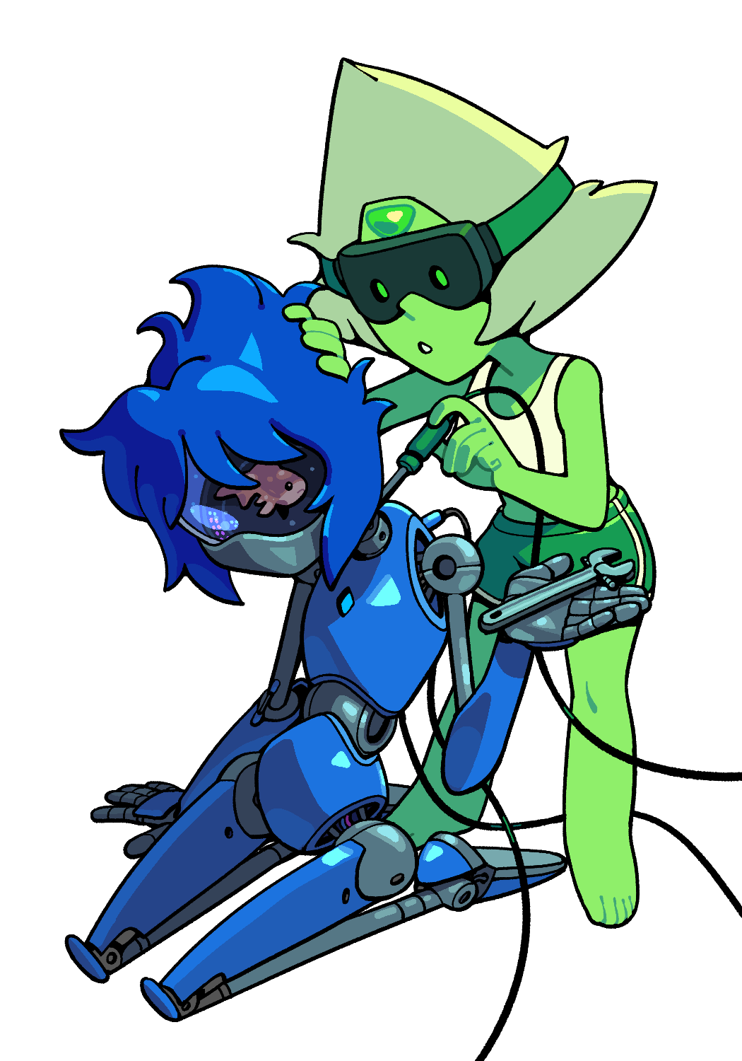 2girls alien blonde_hair blue_hair blue_skin colored_skin crop_top discount-supervillain fish forehead_jewel full_body gem green_skin highres humanoid_robot lapis_lazuli_(steven_universe) mechanic mechanization multiple_girls peridot_(steven_universe) robot robot_girl short_hair shorts steven_universe