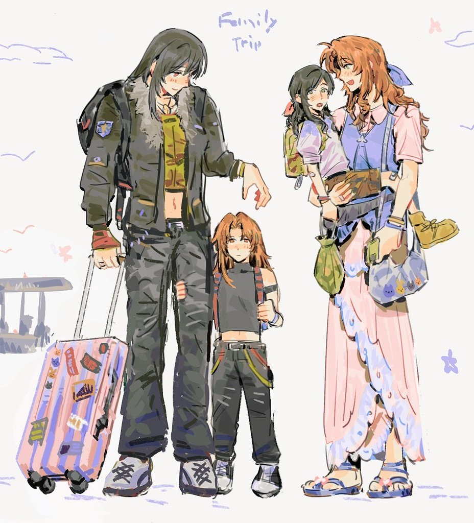 4girls aerith_gainsborough arm_around_leg armband backpack bag black_hair black_jacket black_pantyhose black_shirt blue_ribbon blue_sandals blue_shirt blue_shoes boots brown_hair brown_shoes child collared_dress dress dress_under_shirt family final_fantasy final_fantasy_vii full_body fur-trimmed_jacket fur_trim green_eyes grey_shoes hair_ribbon half_updo if_they_mated jacket jeremr long_dress midriff mother_and_daughter multiple_girls navel open_mouth original pantyhose parted_bangs pink_dress pink_ribbon puffy_short_sleeves puffy_sleeves red_eyes ribbon rolling_suitcase sandals shirt shoes short_sleeves shoulder_bag sidelocks sketch sleeveless sleeveless_turtleneck smile sneakers sticker suitcase tifa_lockhart turtleneck white_shirt yellow_boots yellow_shirt yuri